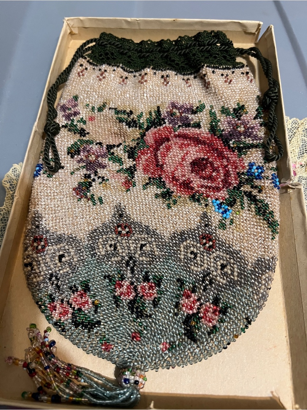Antique Micro Beaded Victorian Reticule Drawstring Handbag Purse Great Condition